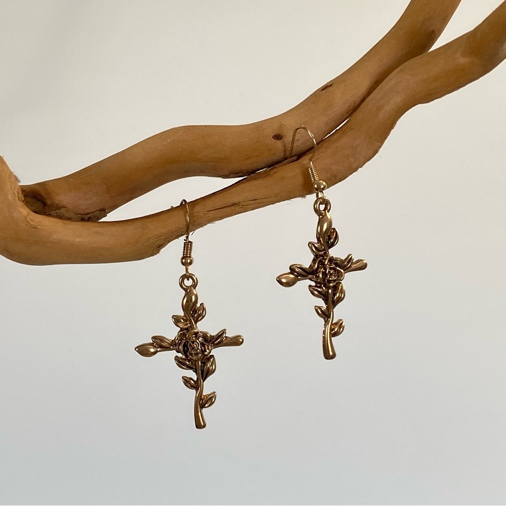 Vintage Retro Antique Gold Bronze Rose Vine Cross Drop Earrings